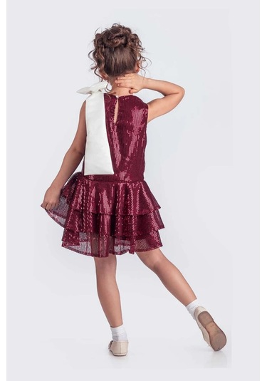 Etekli Şık Elbise Pullu 3 Kat Bordo