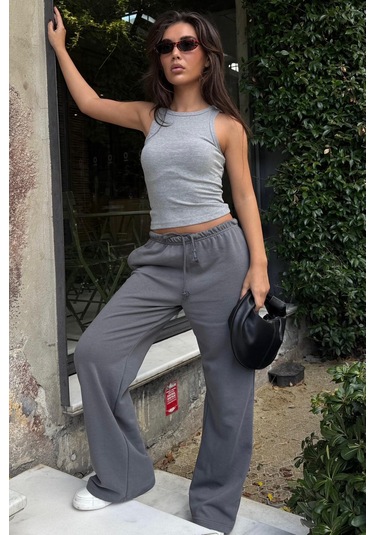 Füme Geniş Paça Basic Kadın Eşofman Altı Mg2553 Füme