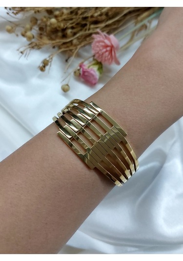 Kaburga Model 316 L Çelik Kelepçe Gold Bileklik,