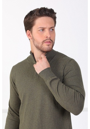 Ferraro Haki Dik Yaka Düz Renk Pamuk Erkek Kazak Haki