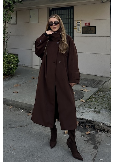 Kahverengi Vittoria Düğmeli Yaka Kaban - 2511 Kahverengi