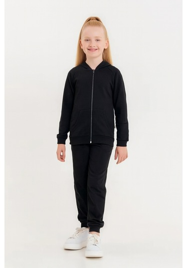 Kız - Erkek Çocuk Basic Fermuarlı Okul Eşofman Takımı Ak0785 Siyah