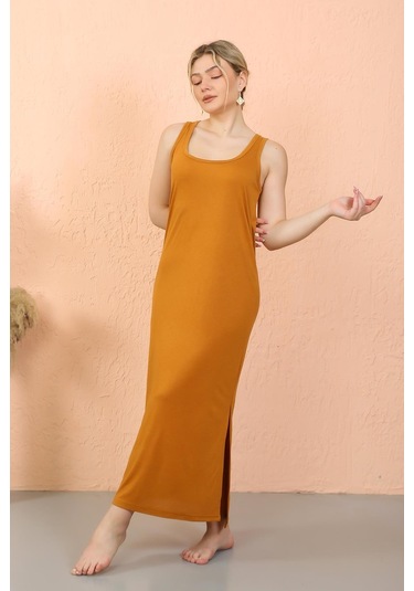 Akbeniz Kadın Kalın Askılı Yırtmaçlı Uzun Hardal Gecelik 90110-hardal Hardal