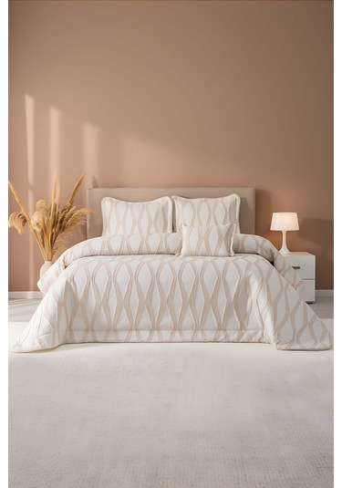 Carina Cappuccino Nakışlı Çift Kişilik Yatak Örtüsü Seti - 4 Parça Çeyiz Seti Bej