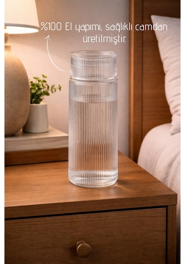 El Yapımı Cam, Pure Modelli Başucu Sürahisi -730ml. Bardaklı Sürahi