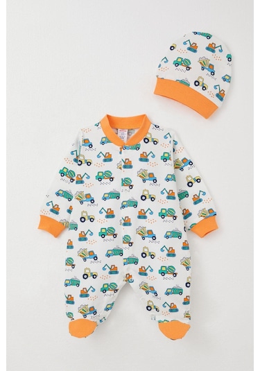Breeze Erkek Bebek Patikli Tulum İş Makinaları Desenli 0-6 Ay, Beyaz Beyaz