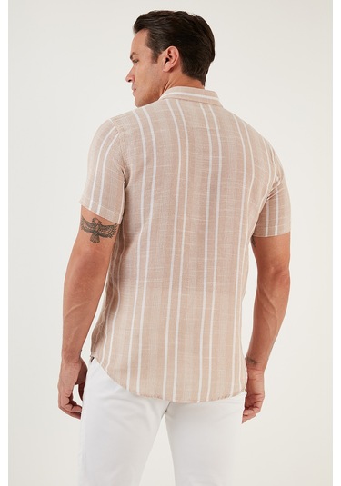 Buratti Çizgili Pamuklu Slim Fit Kısa Kollu Erkek Gömlek Cf23S116097 Taş