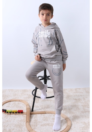 Erkek Çocuk Kapşonlu Eşofman Takımı Smile Baskılı Ribanalı F11 Gri