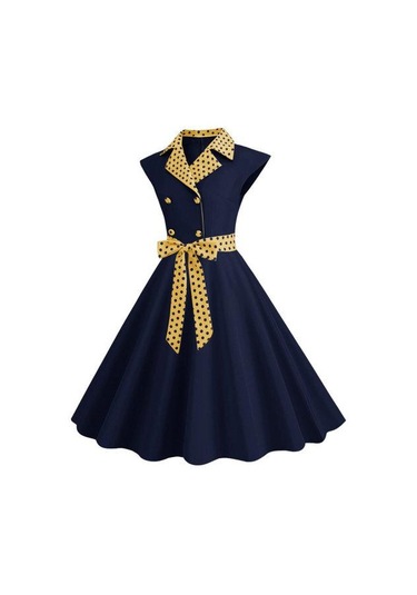 Zarif Bayan Elbise Nokta Baskılı Yaka Yaka Yay Üzerinde Bel Tatlı Tarzı Rahat Parti Elbise Kolsuz Sıkı Bel Ince Orta Uzunlukta Elbise Kadın Sarı