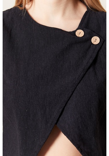 Şık Farklı Tarz Asi Keten Bluz - Modern Ve Cesur Tasarım Siyah