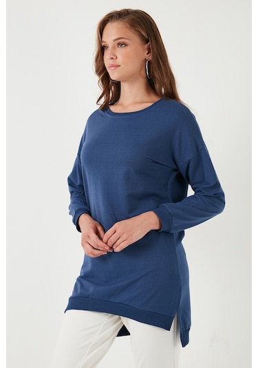 Lela Modest Pamuklu Bisiklet Yaka Oversize Fit Bayan Tunik 5864896 Indigo