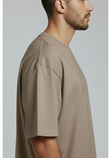 Allunique Erkek Pamuklu Oversize Bisiklet Yaka Vizon T-shirt