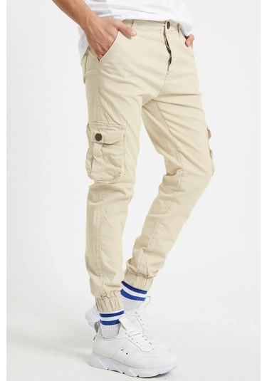 Erkek Kargo Jogger Pantolon Rahat Kesim Lastikli Paça Bej