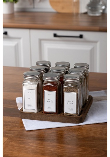 Mienda Home 9'lu Ahşap Standlı Cam Baharatlık Seti Kapaklı Etiketli Baharatlık Mh01slvr09 Beyaz - Şeffaf