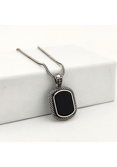 925 Ayar Gümüş Sarmaşık Desenli Oniks Taşlı Kolye Gümüş