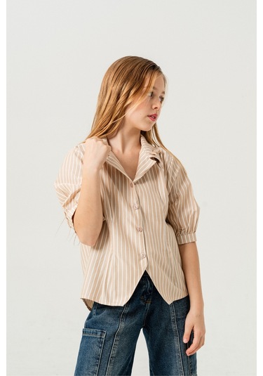 Kız Çocuk Beden Pileli Gömlek 3151 Bej