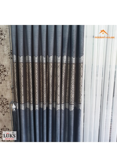 Lüks Kırçıllı Mavi Fon Pano Perde Sık Pile Tek Kanat-modern House Mavi