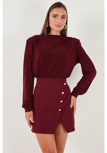 Lela Vatkalı Regular Fit Yırtmaç Detaylı Dik Yaka Mini Boy Bayan Elbise 611El751 Bordo