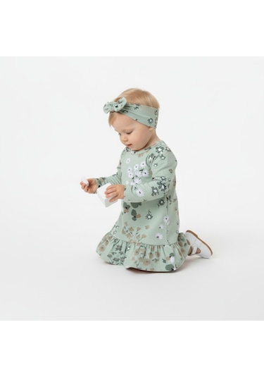 Çiçekli Uzun Kol Kız Bebek Elbise St09755 Yeşil