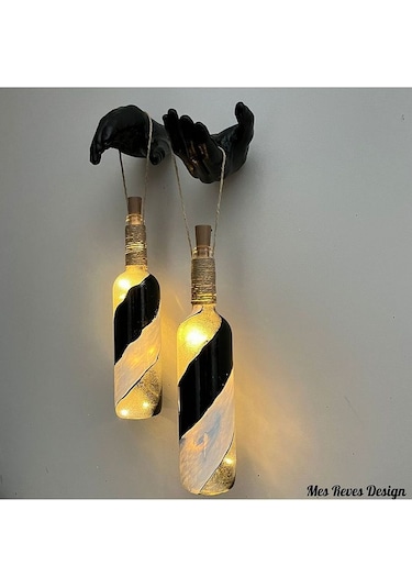 Siyah Heykel El Dekorlu Pilli Led Işıklı Vitray Cam Şarap Şişesi Çok Renkli