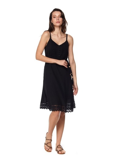 Şile Bezi Siyah Askılı Kemerli Elbise