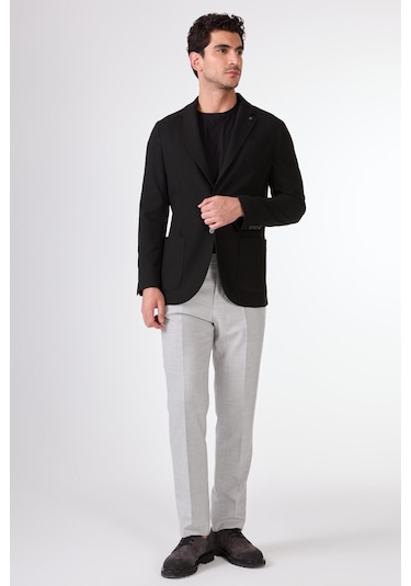Dufy Siyah Balıksırtı Erkek Ceket - Slim Fit Siyah