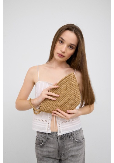 Shule Bags Rome Handmade Hasır Clutch Çanta Vizon Vizon
