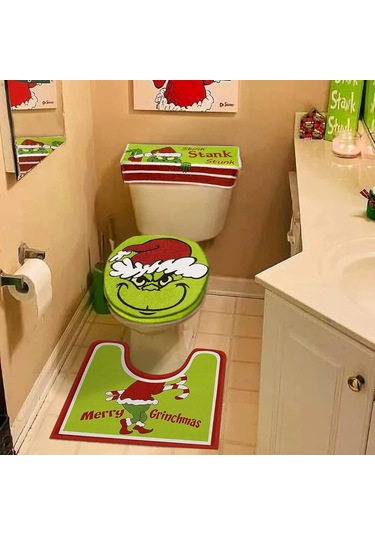 Qingmipy Grinch Noel Banyo Seti - 4 Parça Tuvalet Kapağı, Koltuk Pedi Ve Halı Yeşil Noel Dekoru