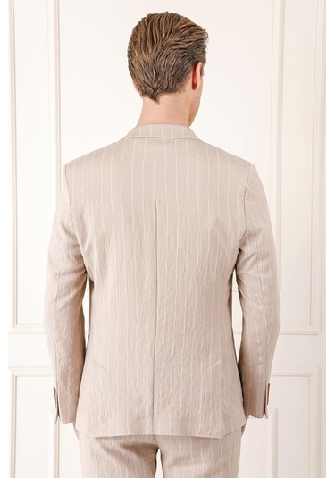 Comfort Fit Çift Yırtmaç İtalyan Çizgili Keten Casual Bej Ceket C 671 Bej