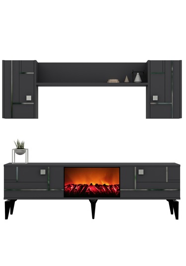 Maddera Şömineli Tv Ünitesi Takımı Antrasit-gümüş