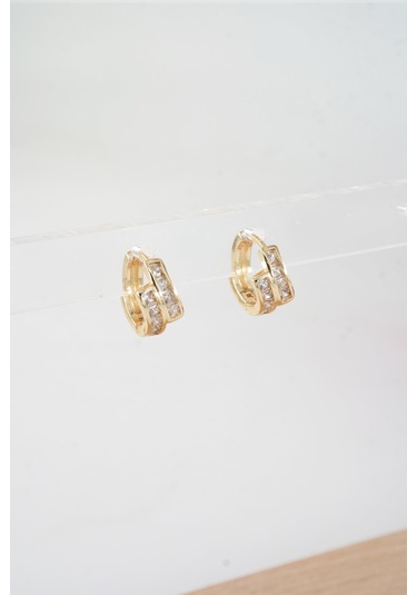 Byzeynaaksesuar Kadın Özel Tasarım Zirkon Taşlı 2'li Minimal Küpe 0010 Çok Renkli