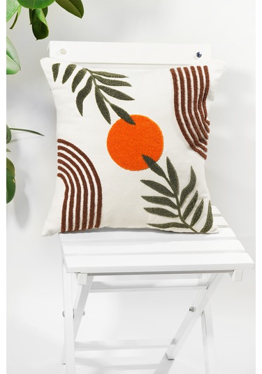 Punch Nakışlı Bohem Kırlent Kılıfı 45x45 Cm, Beyaz Kumaş, Dekoratif Yastık Kılıfı Karışık/Çok Renkli