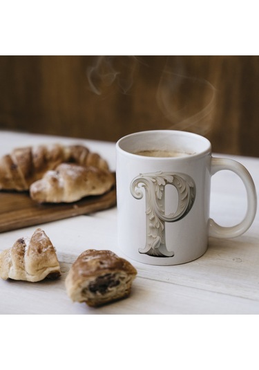 P Harfi Bardak, Monogram 330 Ml Barok Oymalı Görünüm Beyaz