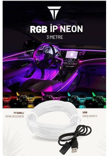 RGB Araç Içi Atmosfer Ambiyans İp Neon Torpido Led 3 Metre USB Gi