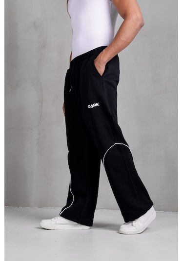 Dark Moda Erkek Oval Şeritli Baskılı Yazlık Baggy Eşofman Siyah