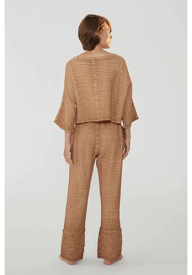 Kahverengi Yüksek Kalite Pamuk Truvakar Kollu Üst-yüksek Belli Pantolon Takım Kahverengi