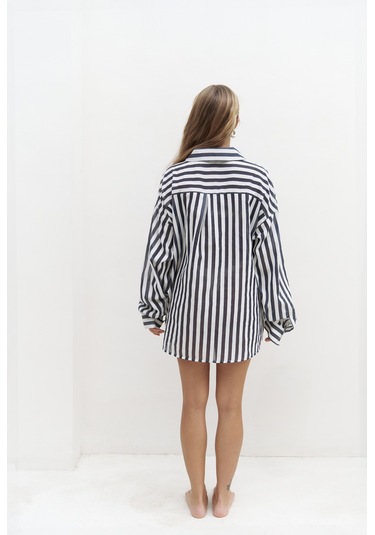 Rosy Transparan Çizgili Lacivert Oversize Gömlek Lacıvert