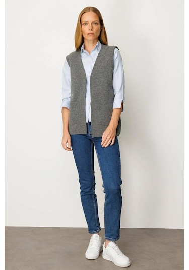 Desen Triko Kadın V Yaka Çelik Örgü Yün Anne Yelek 25044 Füme Füme