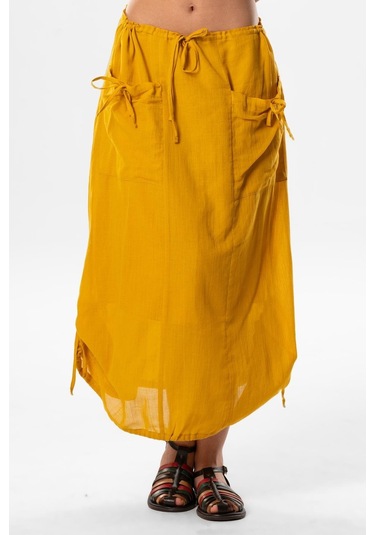 Gökşen Vual Bağlama Ve Lastik Detay Midi Boy Yazlık Otantik Etek Hardal Hrd-hardal Hardal