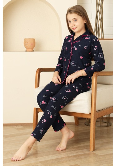 Kız Çocuk Pat Yakalı-baskılı Ve Düğme Kapamalı-%100 Pamuk Pijama Takımı 12352 Lacıvert