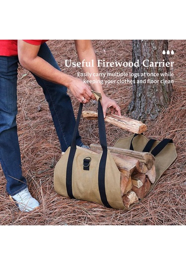 Yaozixa Kahverengi Mumlu Kumaş Odun Taşıyıcı, 98x41cm Büyük Kapasiteli, Dışarıda Kamp Ve Ateş İçin Su Geçirmez Eldivenli Çanta Haki