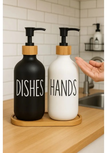 Dekorasyaa 2li Siyah Beyaz Cam Sıvı Sabunluk 500ml - Bambu Stantlı Siyah - Beyaz