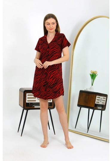 Akbeniz Kadın Pamuk Penye Kısa Kol Düğmeli Bordo Tunik Gecelik 13112 Bordo