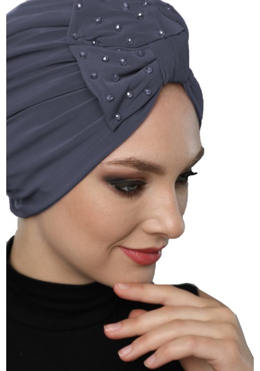 Kristal Yelpaze Taş İşlemeli Çift Taraflı Astarlı Hazır Koyu Gri Türban Tesettür Abiye Bone