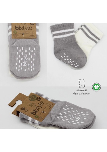 Bistyle Çemberli Kaymaz Soket Çorap 2'li Bs10125 Gri Ekru Gri Ekru