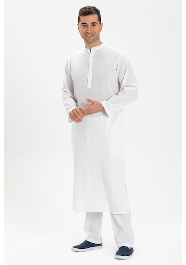 Uzun Kol Şile Bezi Erkek Hac ve Umre Elbisesi Beyaz Byz-beyaz Beyaz