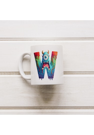 W Harfi Bardak, Sevimli Canavarlar Harflı Bardak Hediyesi Porselen Beyaz