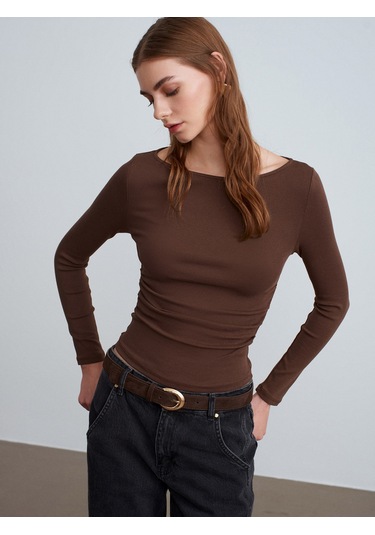 31401 Büzgülü Kayık Yaka Top-açık Kahve Açık Kahve