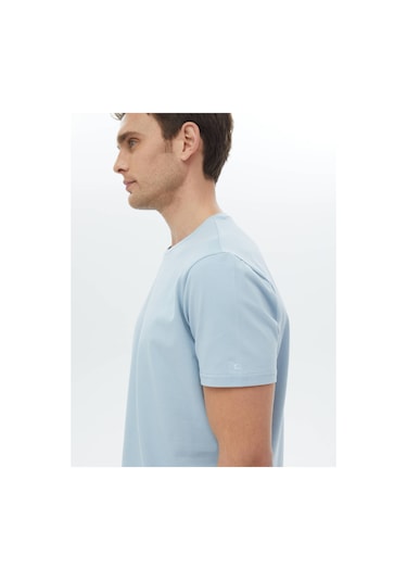 Kip Mavi Düz Bisiklet Yaka Pamuk Karışımlı T-shirt Mavi