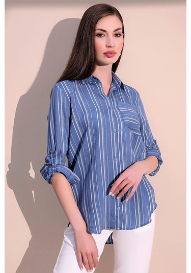 Kadın İndigo Uzun Kol Özel Kumaş Tek Cep Gömlek Dik Çizgili Arkası Uzun Basic Kesim Gömlek Indigo